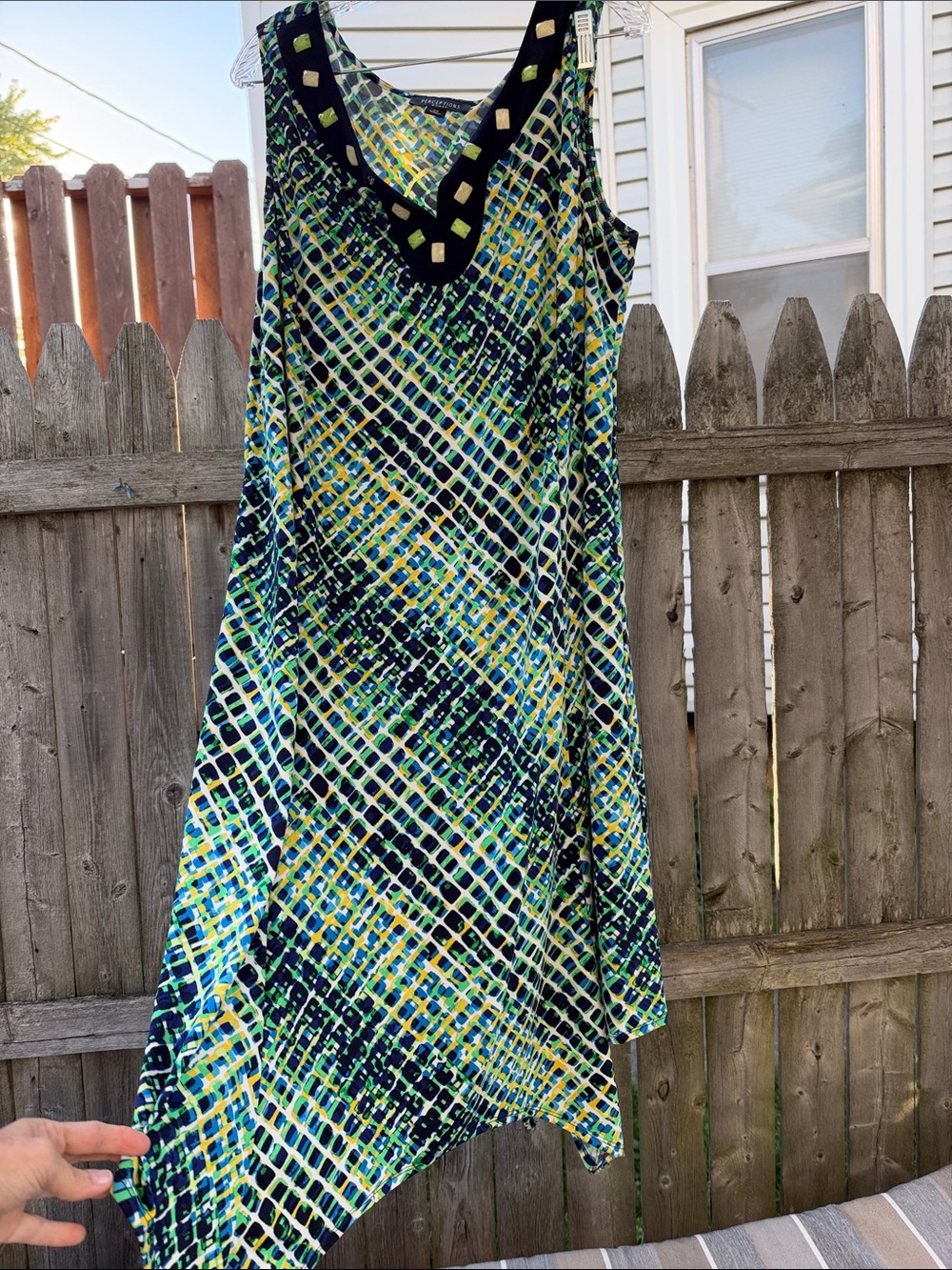 Sleeveless V-Neck Printed Maxi Dress in Blue-Green, Yellow, and White